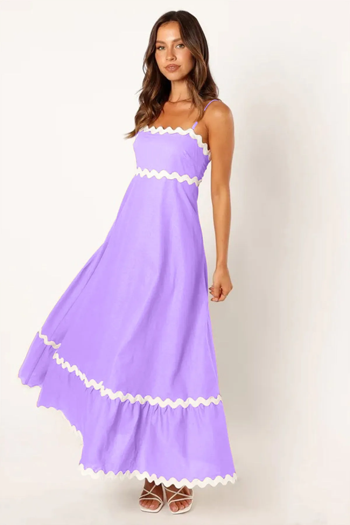 Summer Solid Color Lace Stitching Elegant Sling Dress