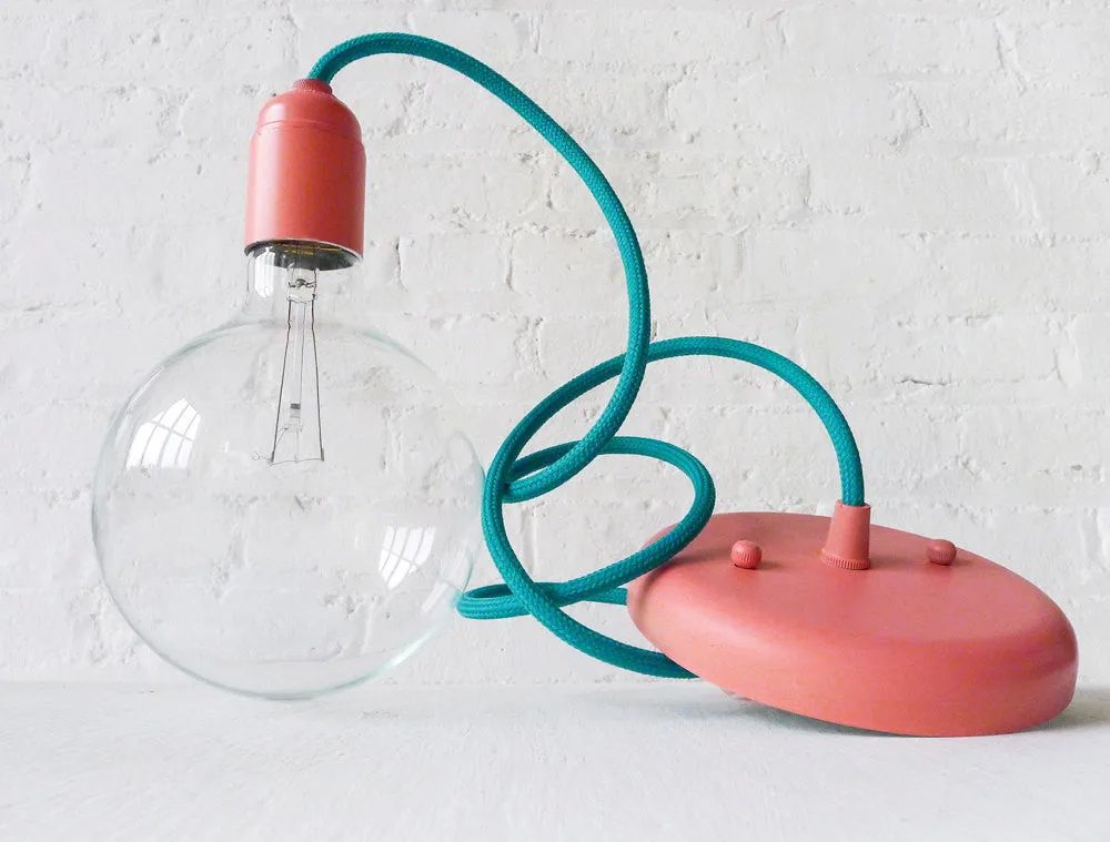 Teal Color Textile Pendant Hanging Light w/ Pastel Coral Hardware - Custom Designed