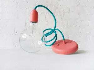 Teal Color Textile Pendant Hanging Light w/ Pastel Coral Hardware - Custom Designed