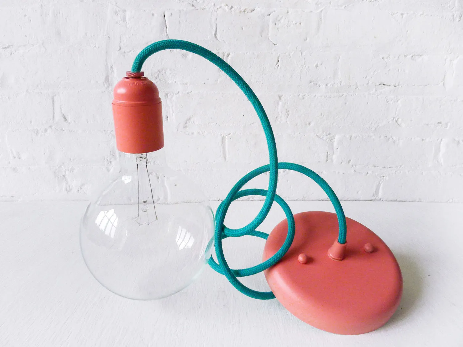 Teal Color Textile Pendant Hanging Light w/ Pastel Coral Hardware - Custom Designed