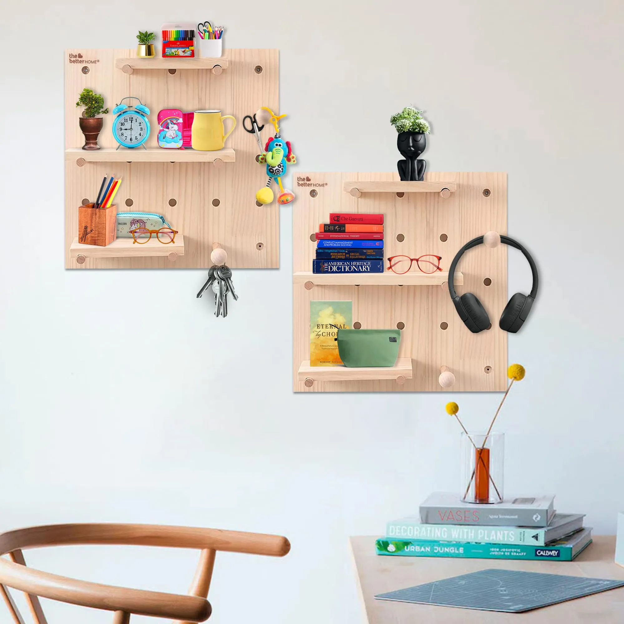 The Better Home Pinewood Pegboard Wall Organizer(2Pcs-16*16inch) Wooden Shelf for Wall | Wall Shelf for Living room, Office, Bedroom | Wall Hanging Shelf | Wooden Key Holder for Wall Storage Organizer