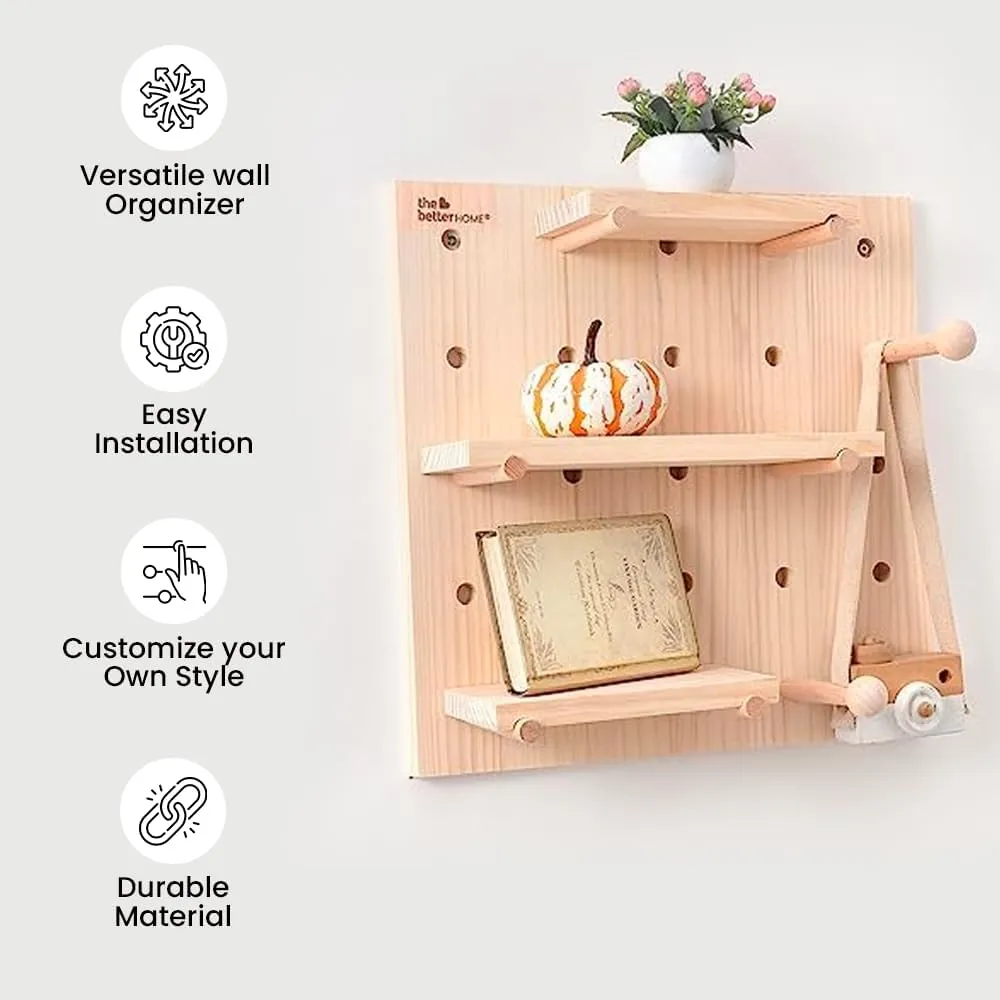 The Better Home Pinewood Pegboard Wall Organizer(2Pcs-16*16inch) Wooden Shelf for Wall | Wall Shelf for Living room, Office, Bedroom | Wall Hanging Shelf | Wooden Key Holder for Wall Storage Organizer
