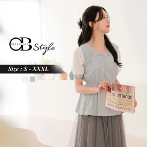 TRANSPARENT LACE SQUARE NECK ELASTIC WAIST TOPS