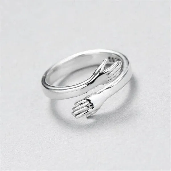 Unique Meaningful Hugging Hands Silver Ring