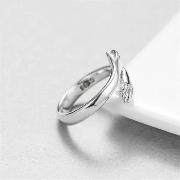 Unique Meaningful Hugging Hands Silver Ring