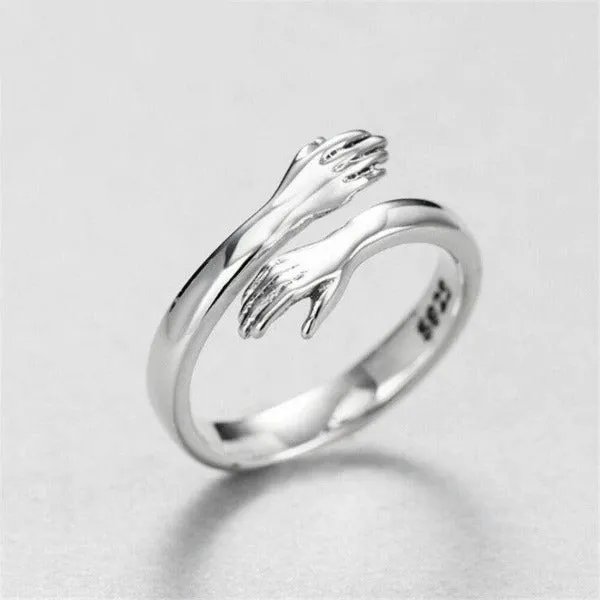 Unique Meaningful Hugging Hands Silver Ring