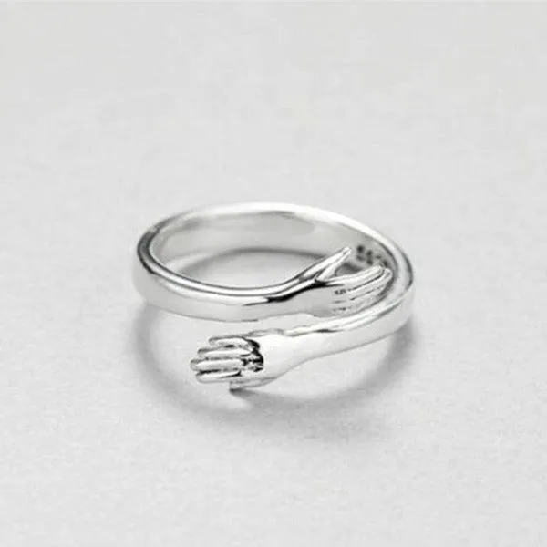 Unique Meaningful Hugging Hands Silver Ring