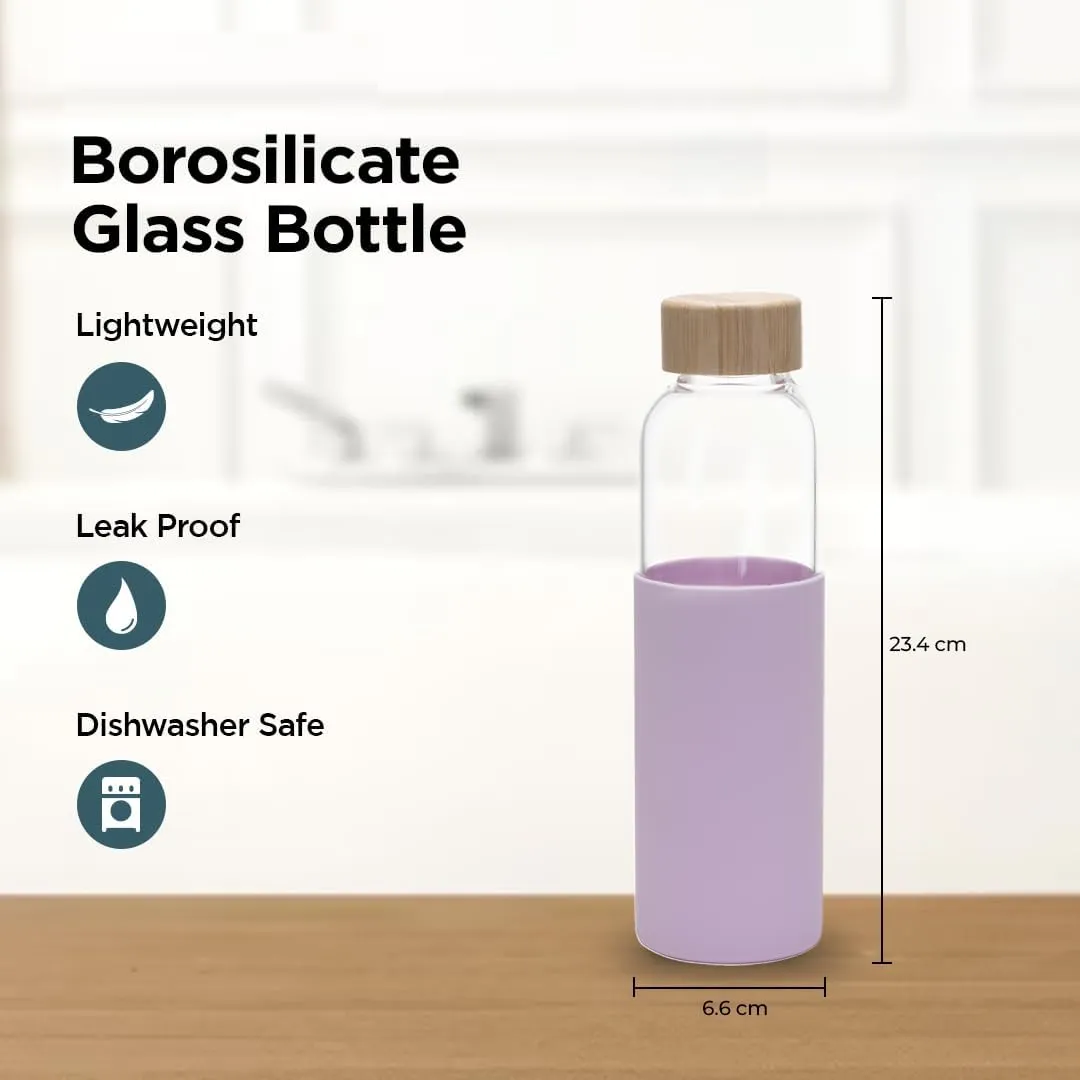 Urbane Home Water Bottle | Glass Bottle | Sleeve Protection Bottle | Bamboo Lid Water Bottle | Travel Round Bottle | XB5501-PURP | 550 ML | Purple