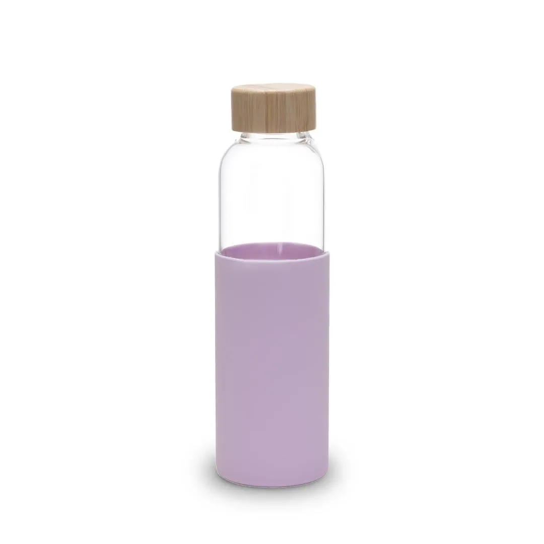 Urbane Home Water Bottle | Glass Bottle | Sleeve Protection Bottle | Bamboo Lid Water Bottle | Travel Round Bottle | XB5501-PURP | 550 ML | Purple
