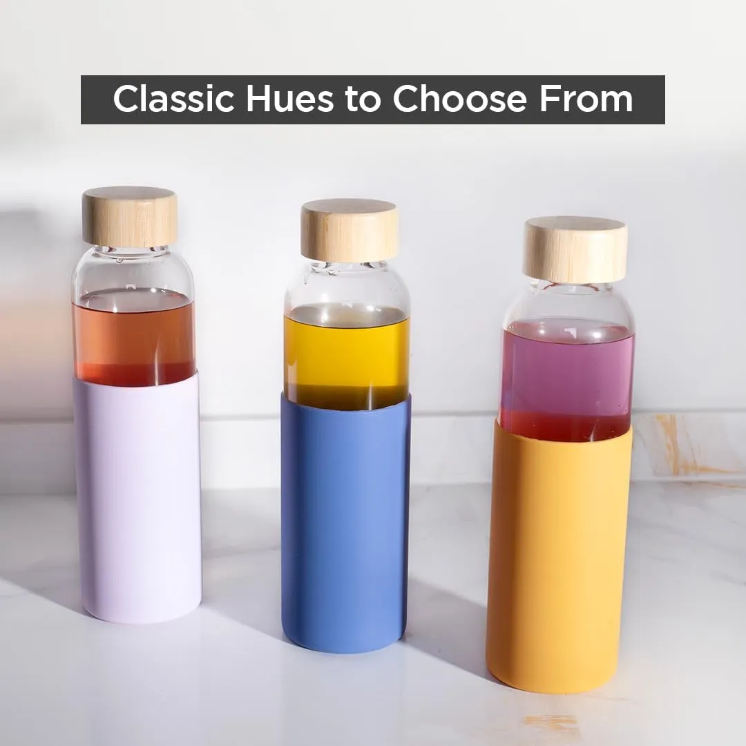 Urbane Home Water Bottle | Glass Bottle | Sleeve Protection Bottle | Bamboo Lid Water Bottle | Travel Round Bottle | XB5501-PURP | 550 ML | Purple