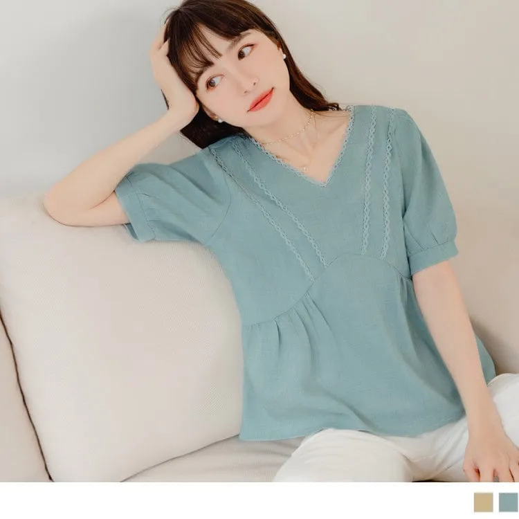 V-NECK LACE PUFF SLEEVE SHORT SLEEVE A-LINE TOPS