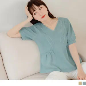 V-NECK LACE PUFF SLEEVE SHORT SLEEVE A-LINE TOPS
