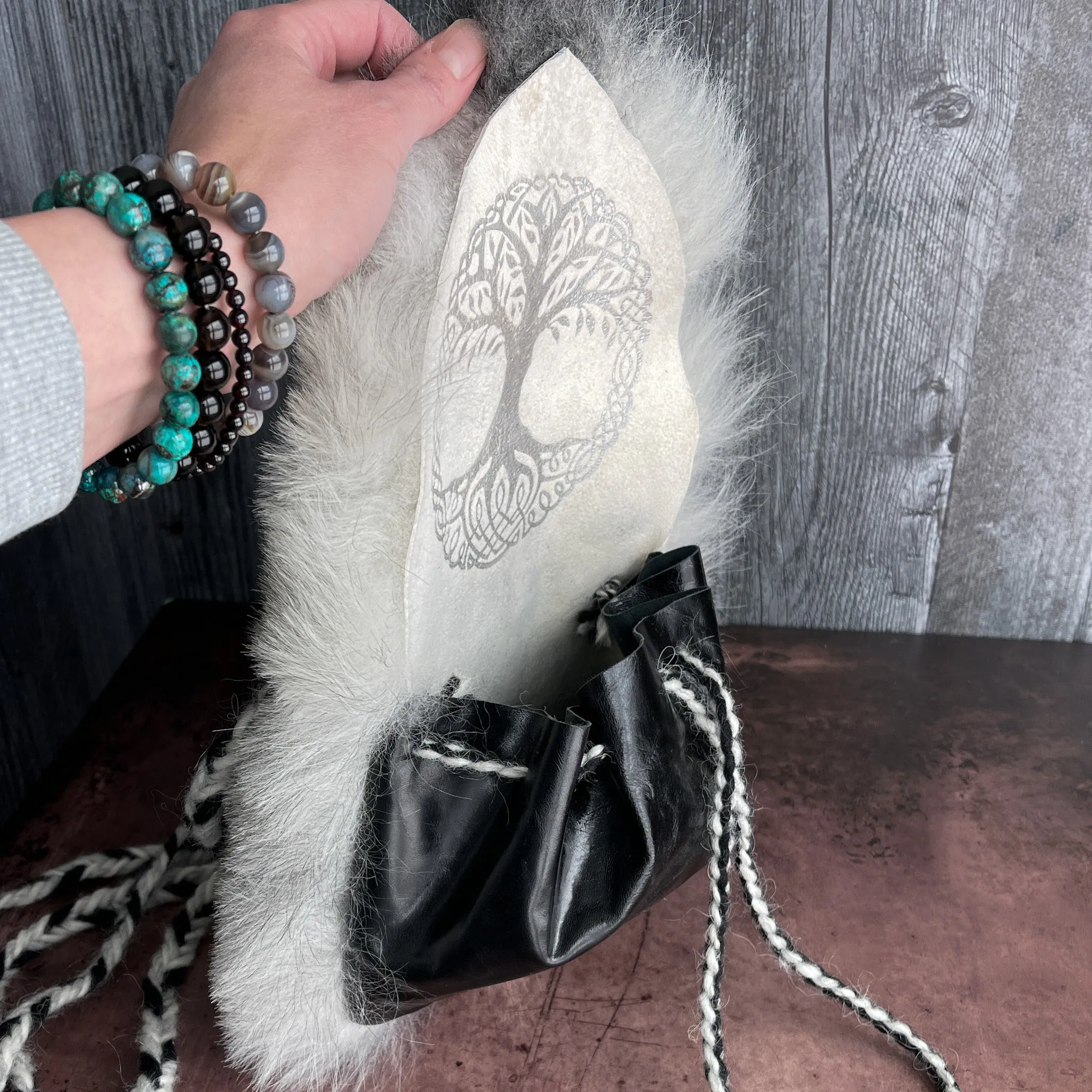 Viking Belt Pouch Skinnfell - Black and White with Yggdrasill Tree of Life - Cross Body Bag or Purse