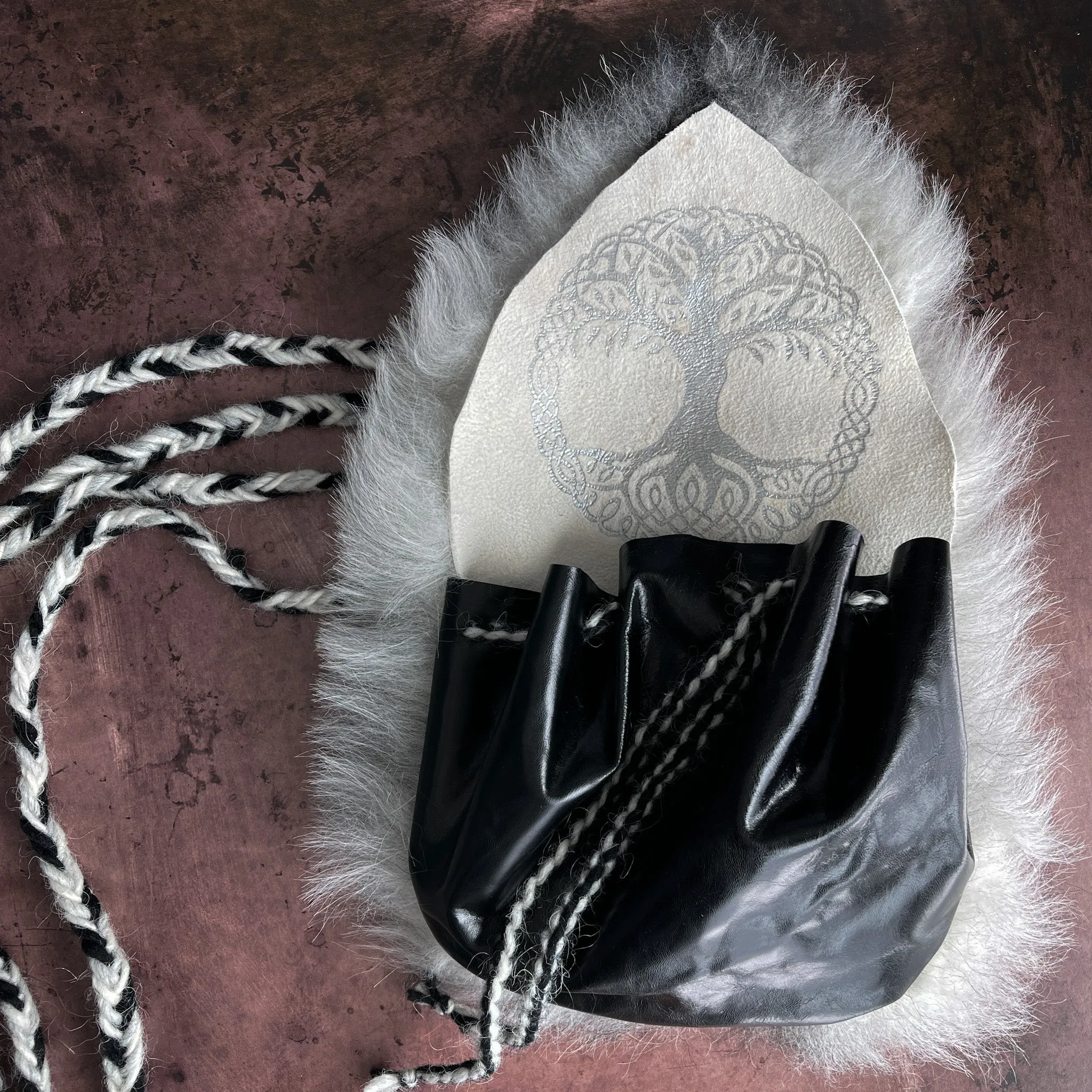 Viking Belt Pouch Skinnfell - Black and White with Yggdrasill Tree of Life - Cross Body Bag or Purse