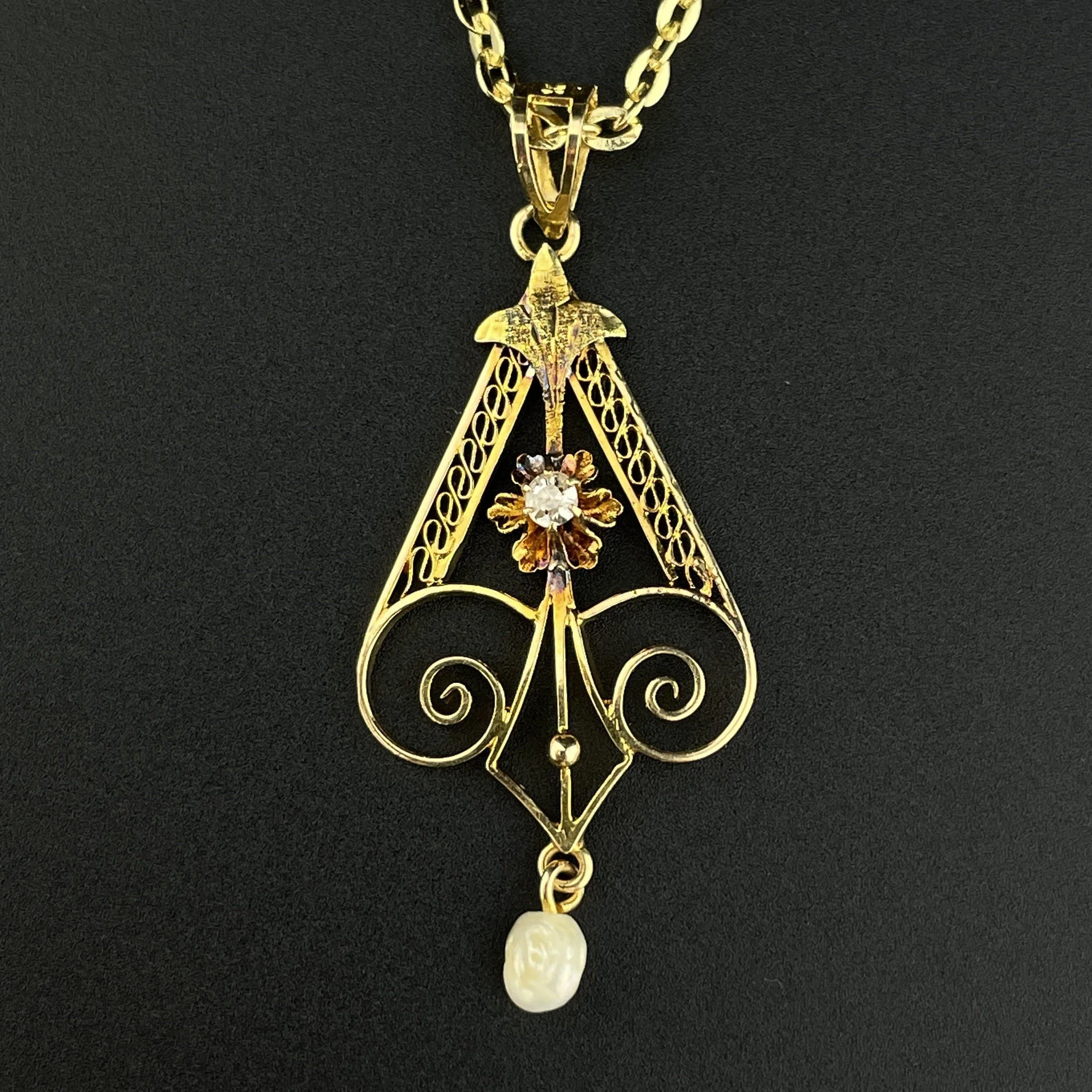 Vintage Edwardian 14K Gold Diamond Buttercup Lavaliere Pendant Necklace