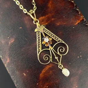 Vintage Edwardian 14K Gold Diamond Buttercup Lavaliere Pendant Necklace