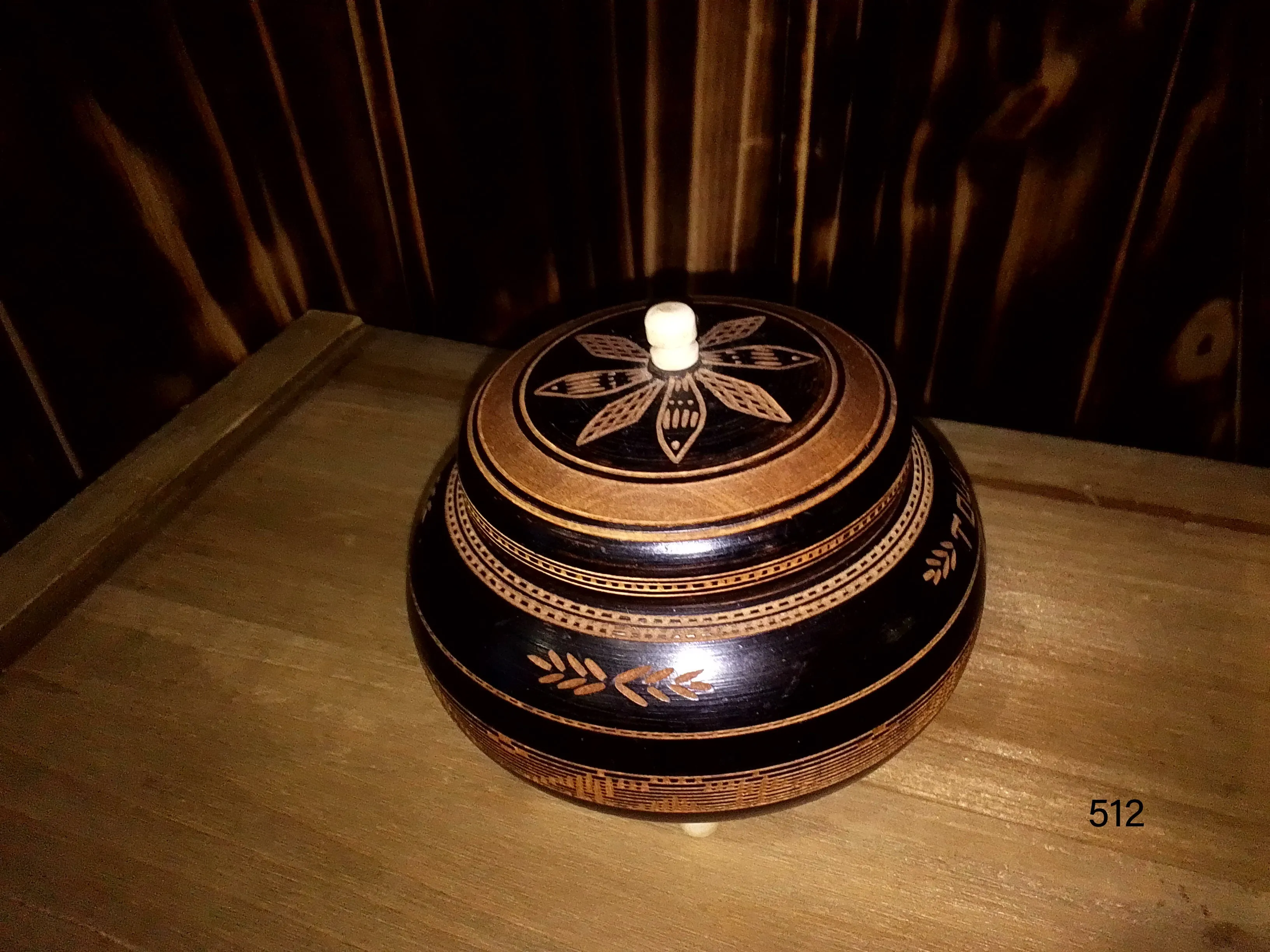 Vintage Polish Folk Art Trinket Box Round Hand Carved Inlayed Wood.