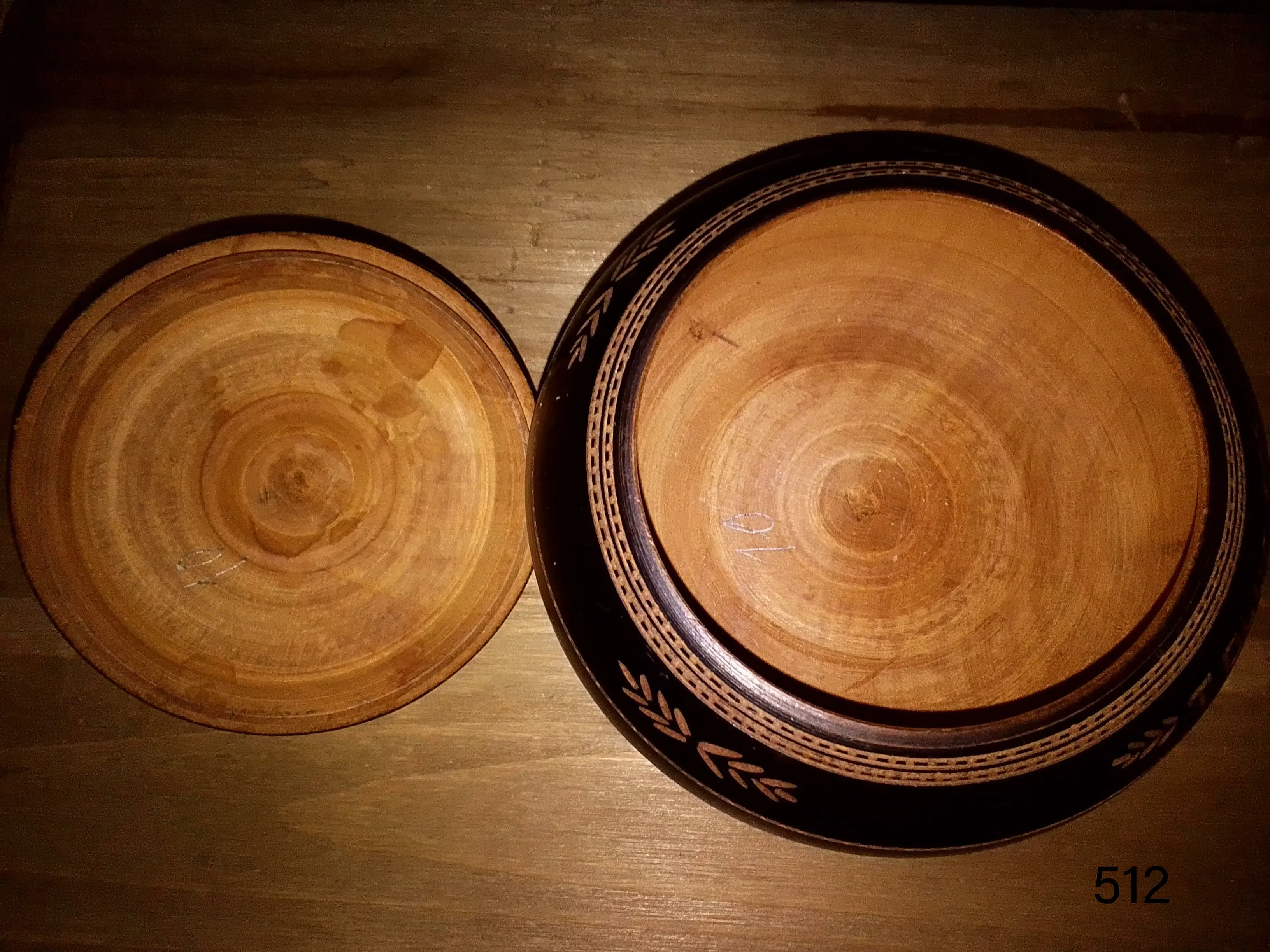 Vintage Polish Folk Art Trinket Box Round Hand Carved Inlayed Wood.