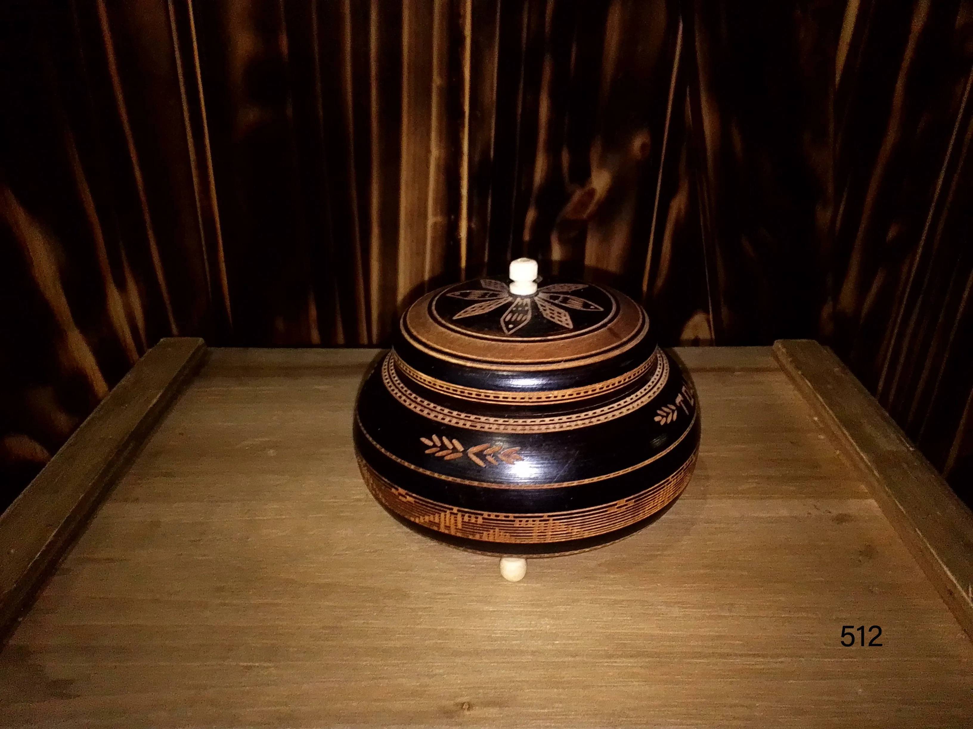 Vintage Polish Folk Art Trinket Box Round Hand Carved Inlayed Wood.