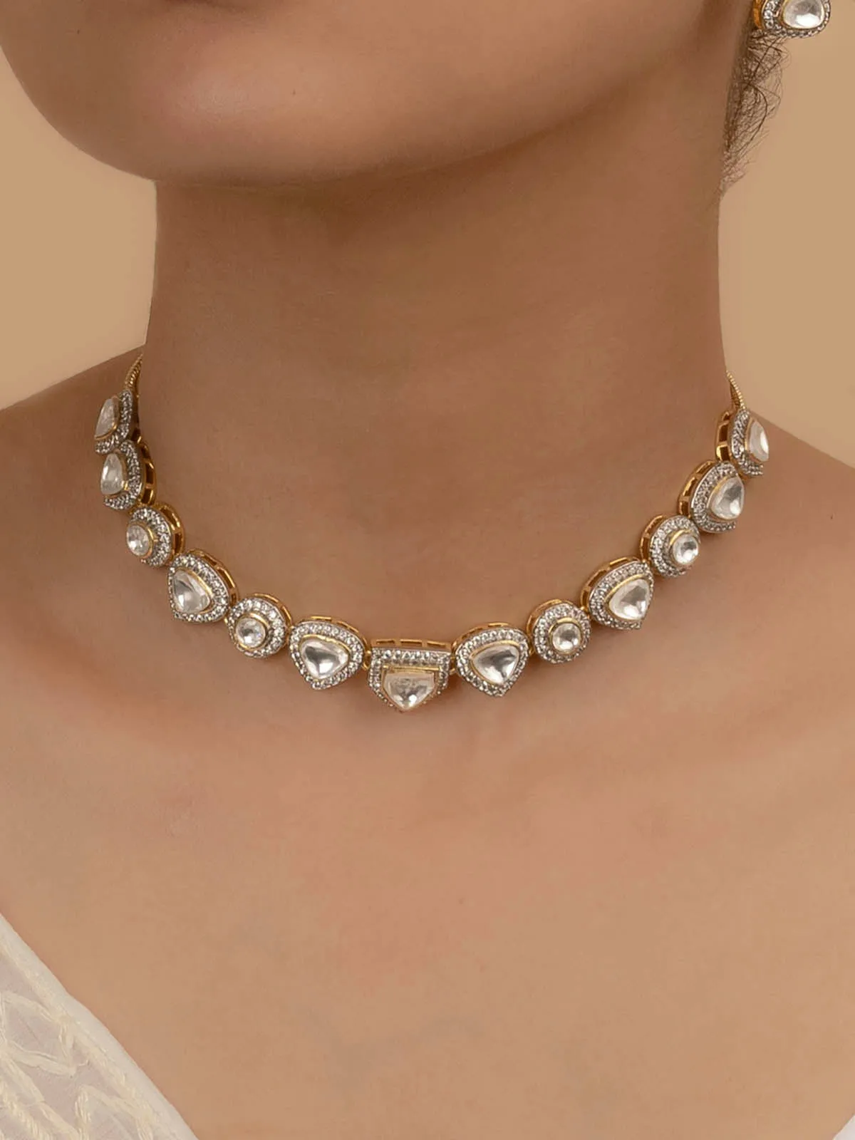 White Color Gold Plated Faux Polki Necklace Set - PK-S15
