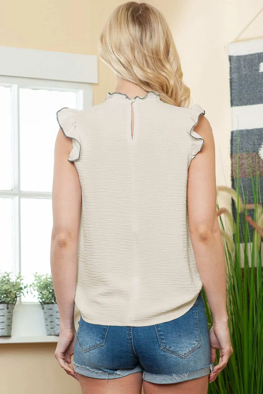 White Contrast Trim Ruffled Sleeveless Blouse