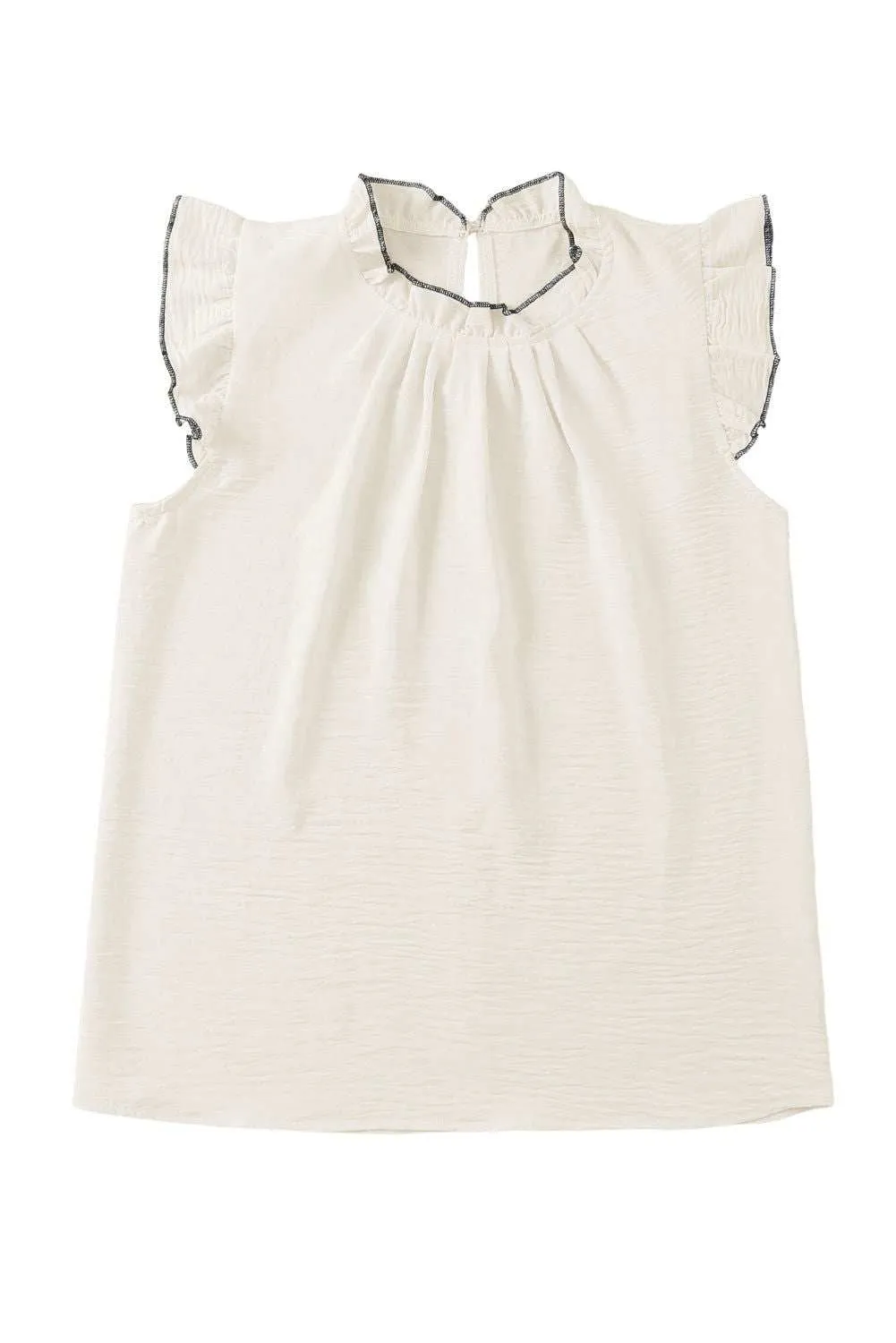 White Contrast Trim Ruffled Sleeveless Blouse