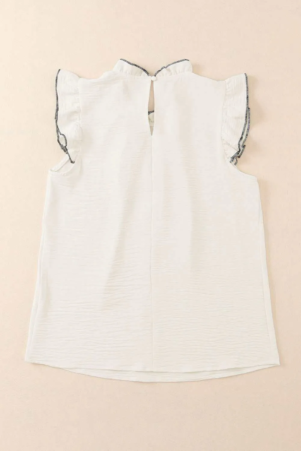 White Contrast Trim Ruffled Sleeveless Blouse