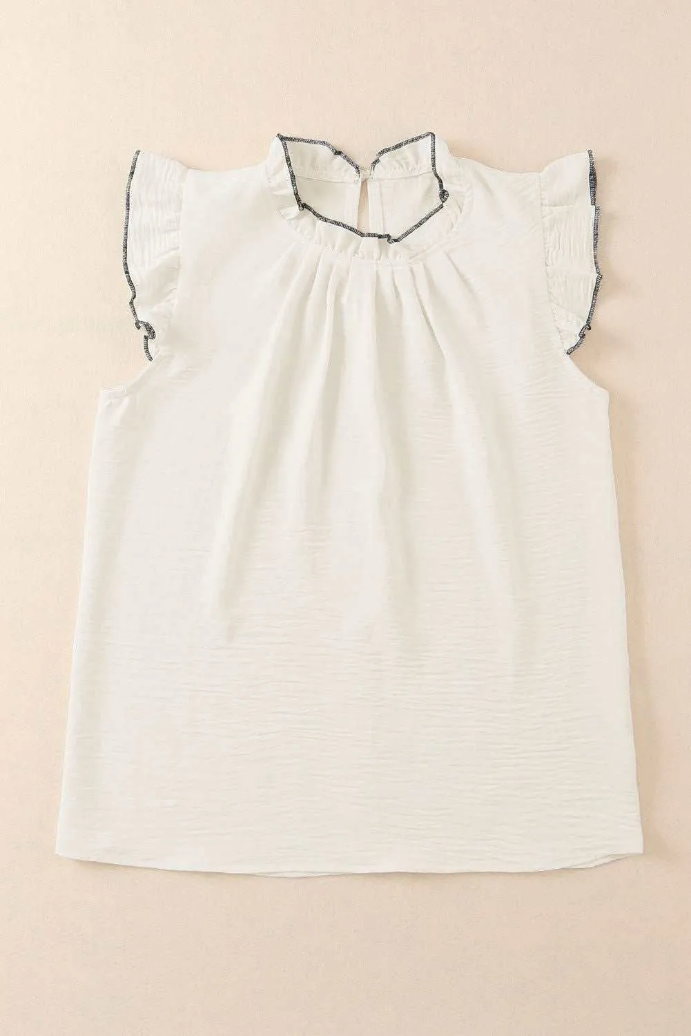 White Contrast Trim Ruffled Sleeveless Blouse