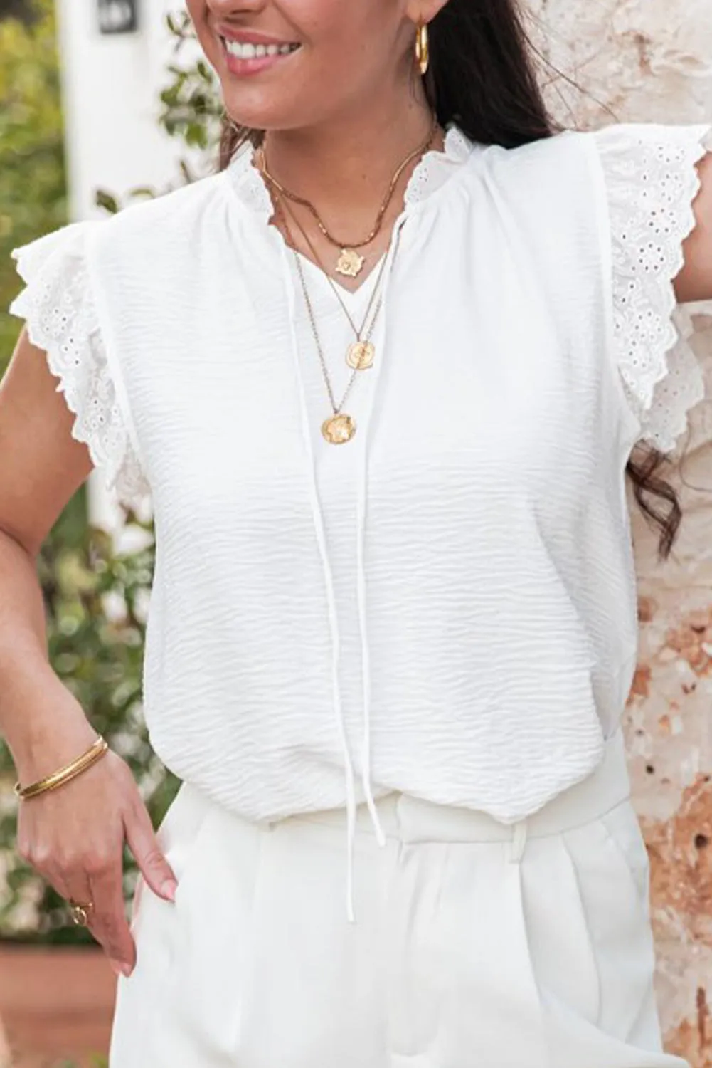 White Embroidered Ruffle Trim Crinkle Blouse