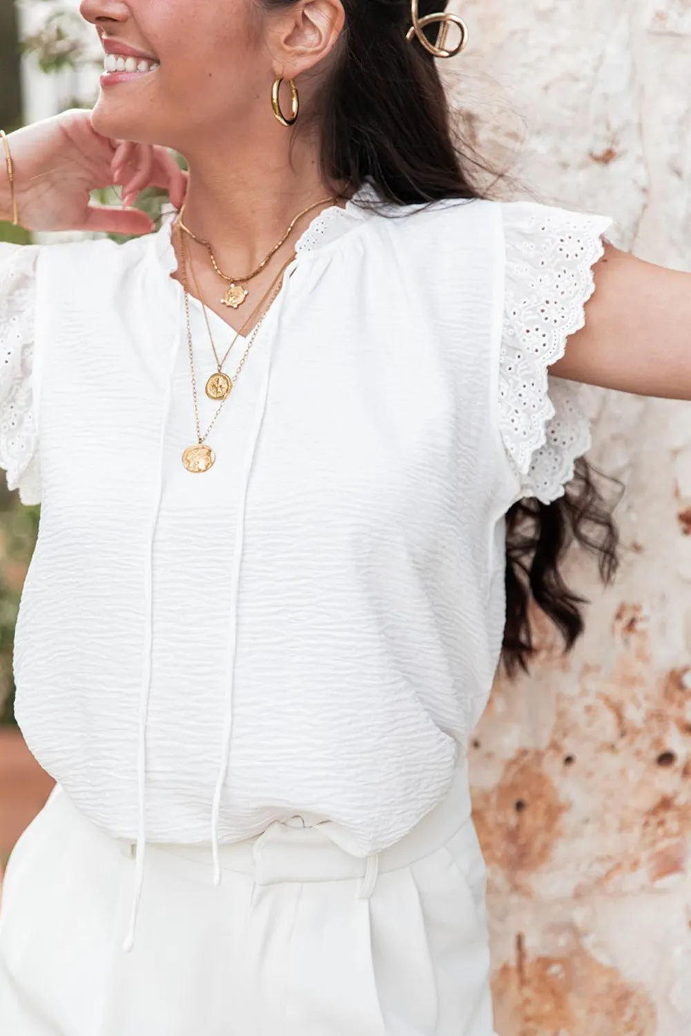 White Embroidered Ruffle Trim Crinkle Blouse