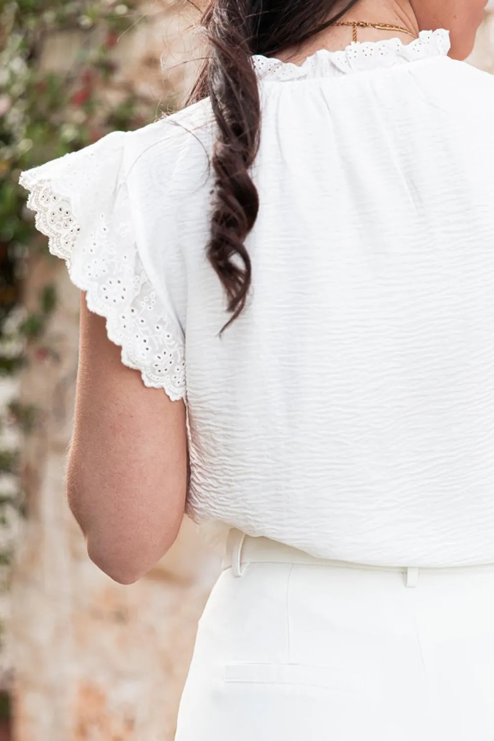 White Embroidered Ruffle Trim Crinkle Blouse