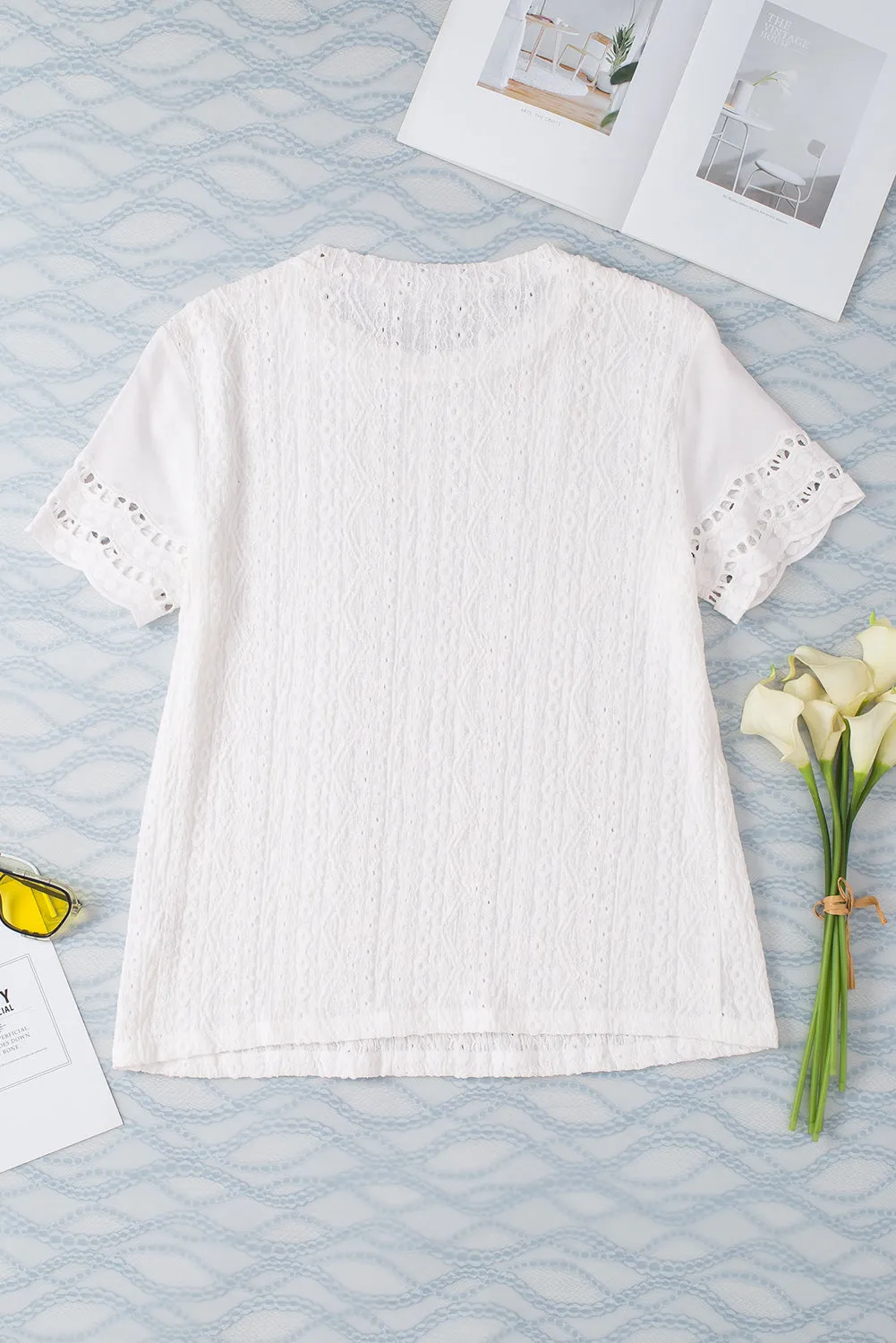 White Eyelet Embroidery Scalloped Short Sleeve Blouse