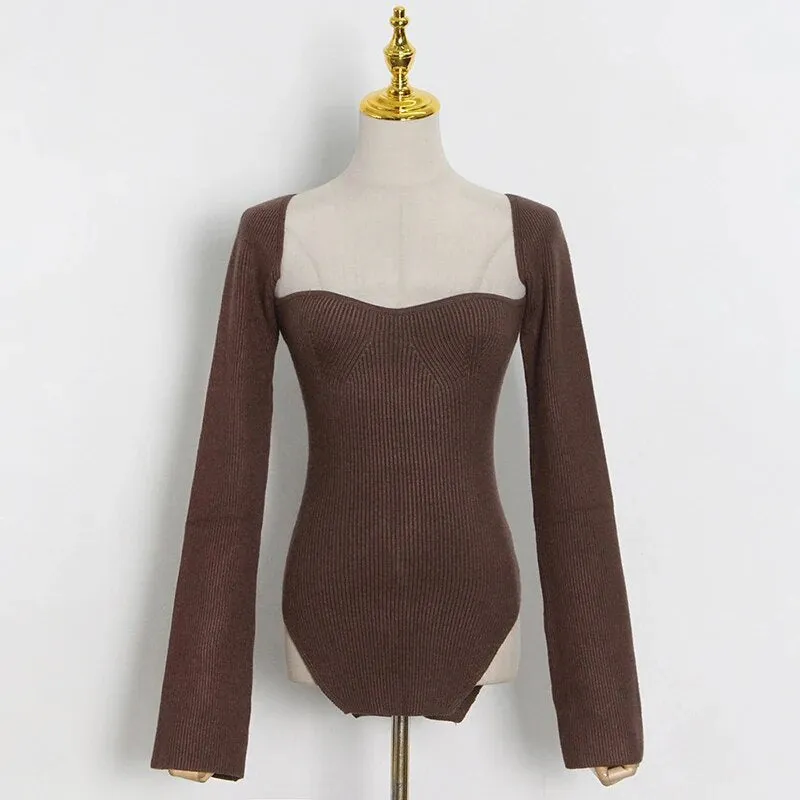 White Side Split Knitted Women's Sweater Square Collar Long Sleeve Sweaters Female Autumn Fashion Clothes