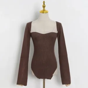 White Side Split Knitted Women's Sweater Square Collar Long Sleeve Sweaters Female Autumn Fashion Clothes