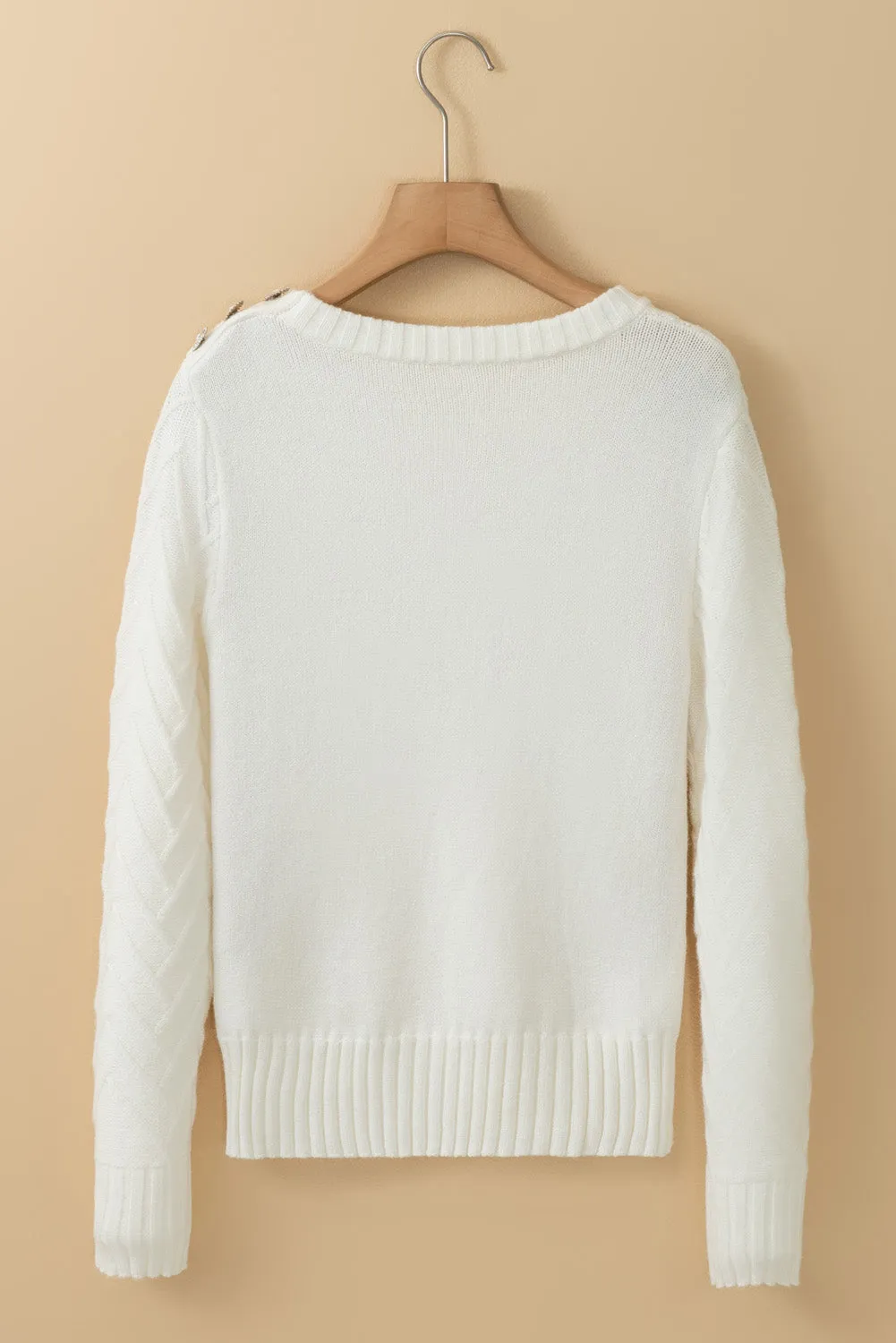 White Textured Knit Button Decor Pullover Sweater