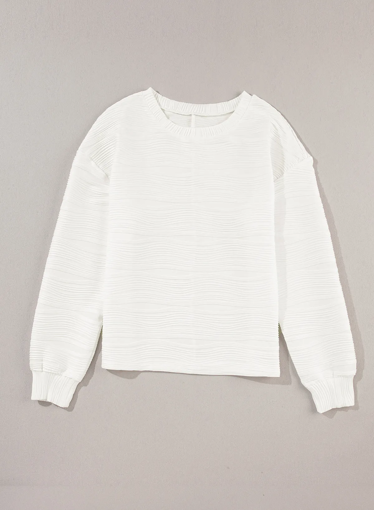 White Wavy Texture Drop Shoulder Long Sleeve Top