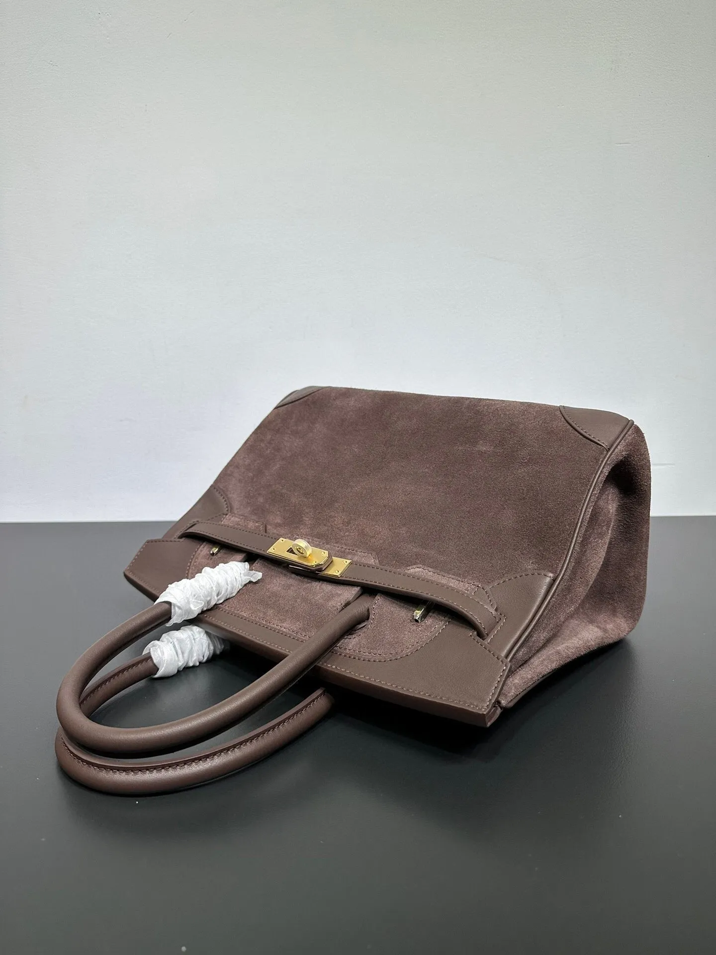 Womens Suede Leather Padlock  Top Handle Bag Brown