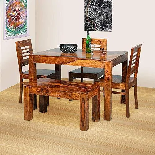 Wooden Solid Sheesham Wood Dining Table 4 Seater with 3 Chairs & 1 Bench