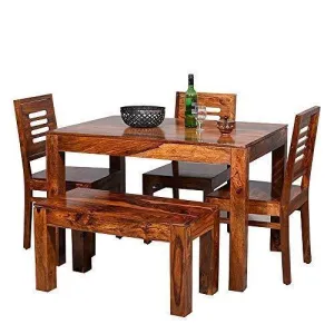 Wooden Solid Sheesham Wood Dining Table 4 Seater with 3 Chairs & 1 Bench