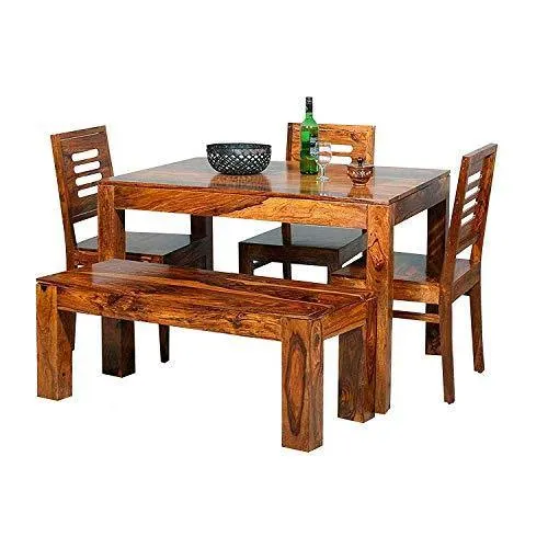 Wooden Solid Sheesham Wood Dining Table 4 Seater with 3 Chairs & 1 Bench