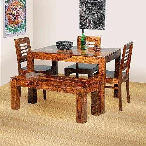 Wooden Solid Sheesham Wood Dining Table 4 Seater with 3 Chairs & 1 Bench