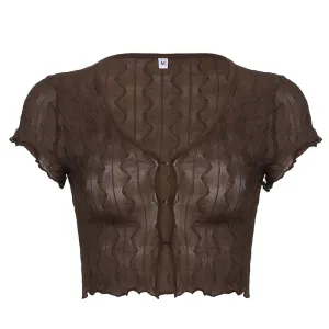 Y2K Vintage Fashion Brown Crop Top Sexy Skinny Summer T-shirts Women See Through Frill 90s Aesthetic Cute Preppy Tees