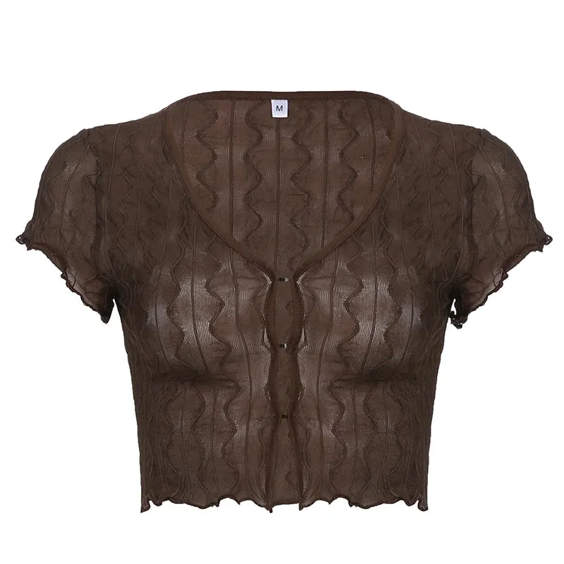 Y2K Vintage Fashion Brown Crop Top Sexy Skinny Summer T-shirts Women See Through Frill 90s Aesthetic Cute Preppy Tees